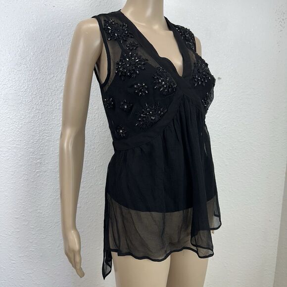 Plenty Tracy Reese Black Chiffon Beaded  babydoll Top Whimsigoth Fairy Y2k Retro - Picture 8 of 10